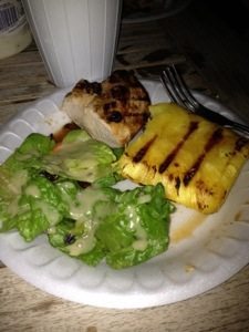 Chicken, salad, and grilled pineapple