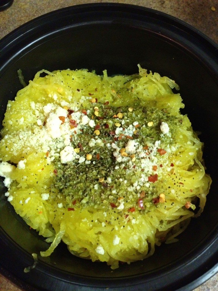 Pesto based with parmezan and red pepper flakes